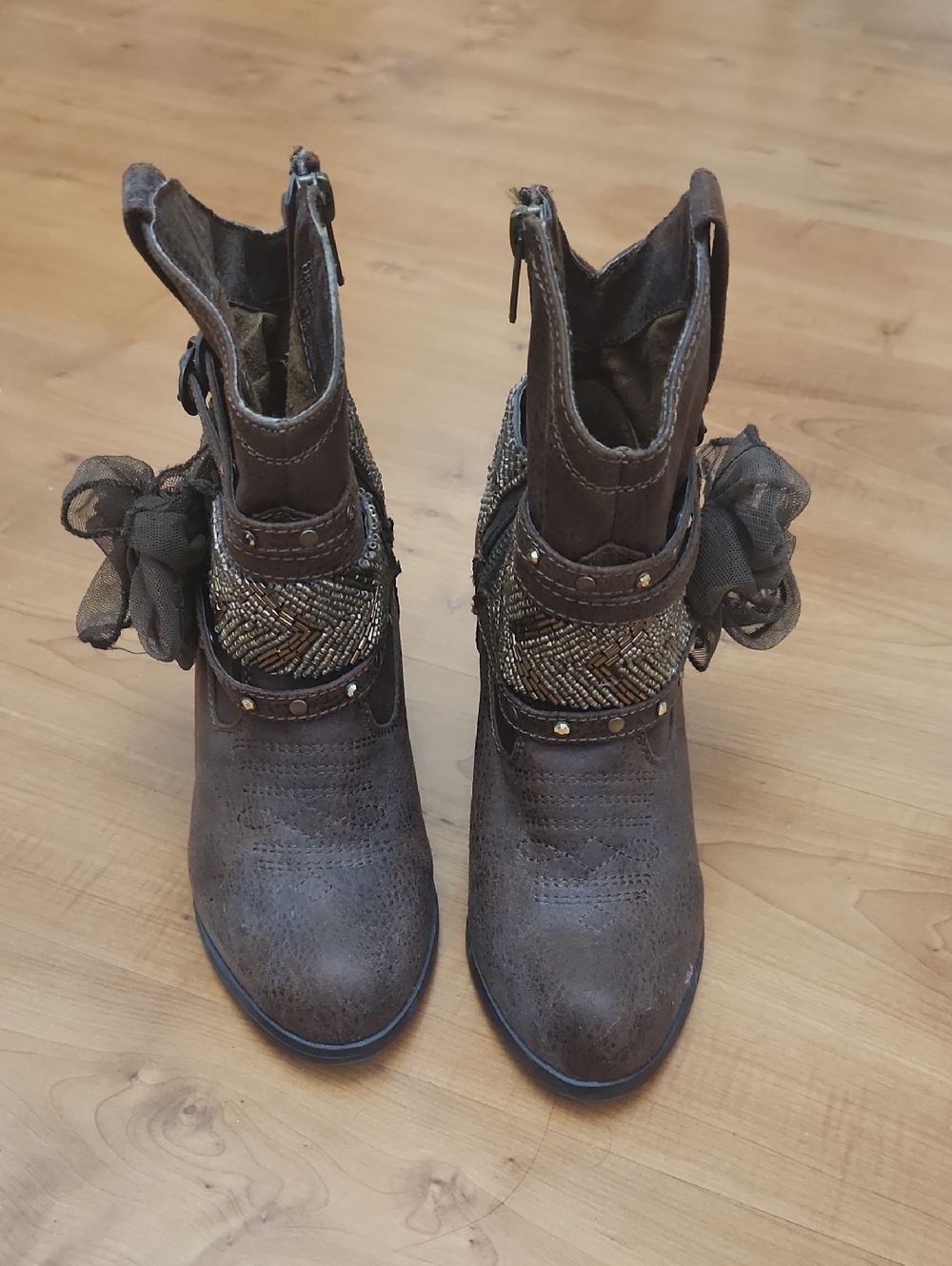 Not Rated Brown Embellished Ankle Booties with Beaded Straps